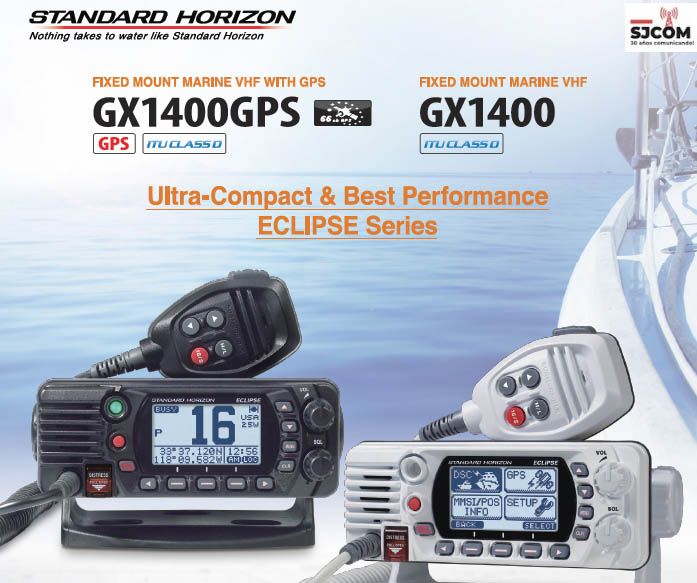 Standard Horizon GX1400 Eclipse VHF Radio<br />
<br />
La serie GX1400 Eclipse es un VHF clase D ITU-R M493-13 con un receptor separado, que permite recibir llamadas DSC incluso cuando escucha comunicaciones. <br />
La funciÃ³n DSC DISTRESS cuando se activa transmite un MAYDAY digital que incluye identificaciÃ³n de buques, latitud / longitud y tiempo (con GPS conectado), para facilitar una respuesta rÃ¡pida. 