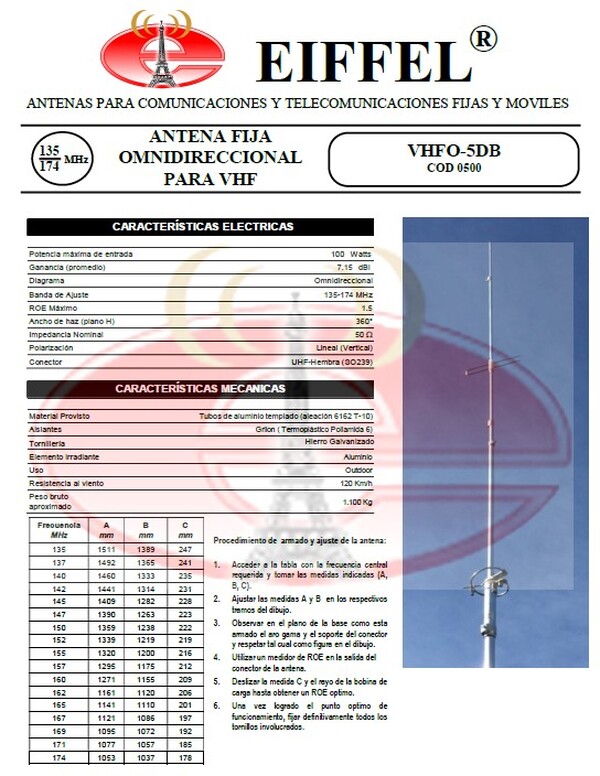 COMUNICACIONES FIJAS Y MOVILES:<br />
ANTENA FIJA OMNIDIRECCIONAL PARA VHF<br />
VHFO-5DB - COD 0500<br />
135 – 174 MHz
